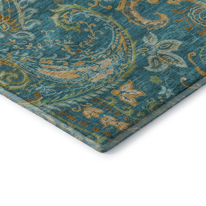 8' Paisley Distressed Washable Round Rug With UV Protection (648007) - Teal / Green / Gold