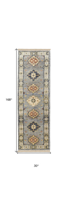 14' Wool Geometric Hand Knotted Runner Rug With Fringe - Gray Blue And Taupe