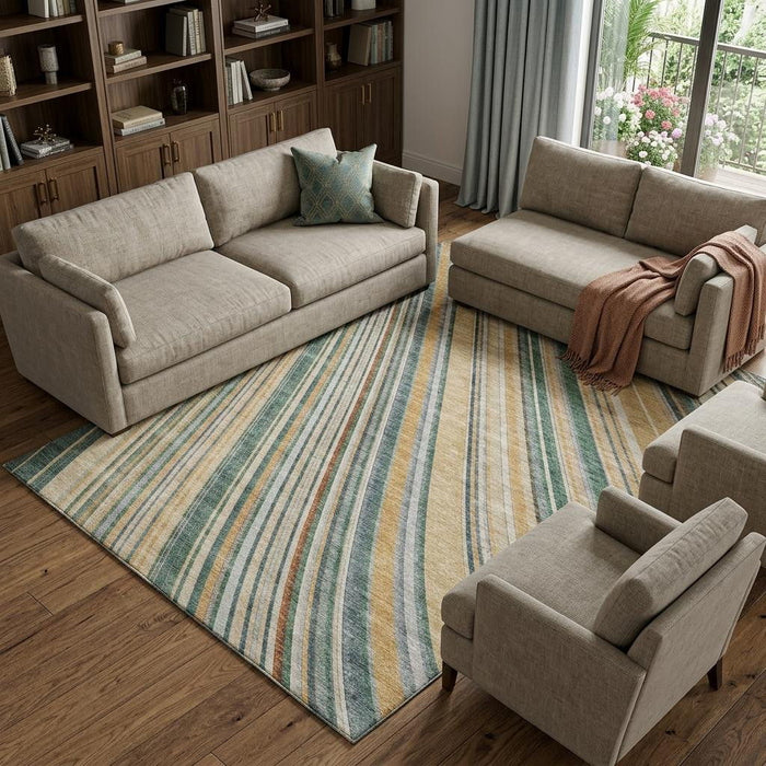10' X 14' Striped Washable Area Rug With UV Protection (677453) - Beige / Gold / Sage