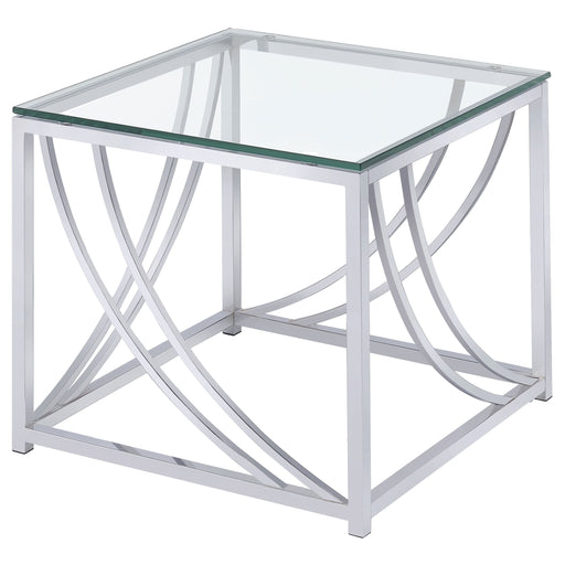 CoasterEssence Lille square end table with clear glass top and chrome frame