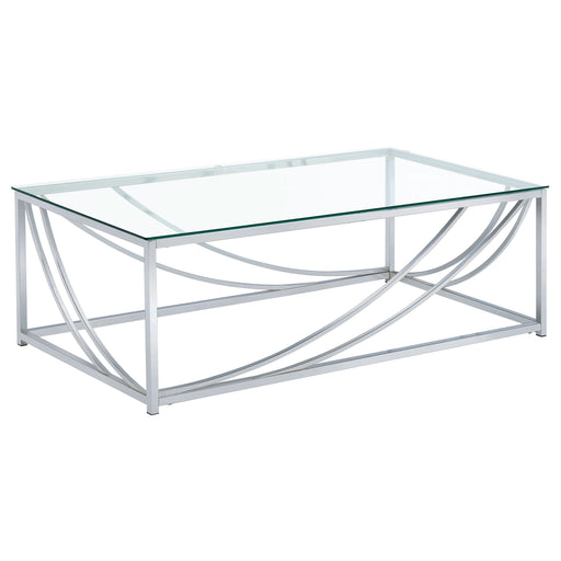 CoasterEssence Lille rectangular coffee table with clear glass top and chrome frame