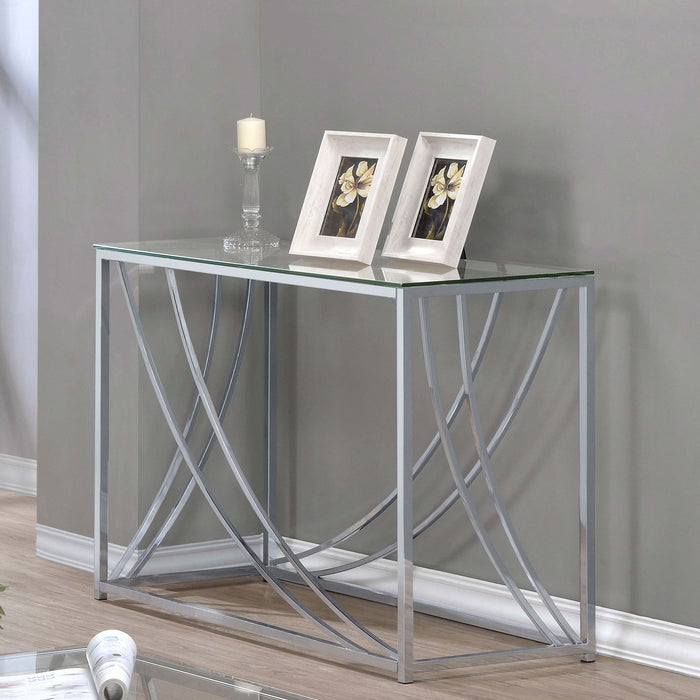 CoasterEssence Lille glass top entryway console table with chrome accents
