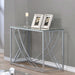 CoasterEssence Lille glass top entryway console table with chrome accents