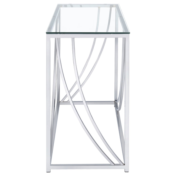 CoasterEssence Lille glass top entryway console table with chrome accents
