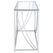 CoasterEssence Lille glass top entryway console table with chrome accents