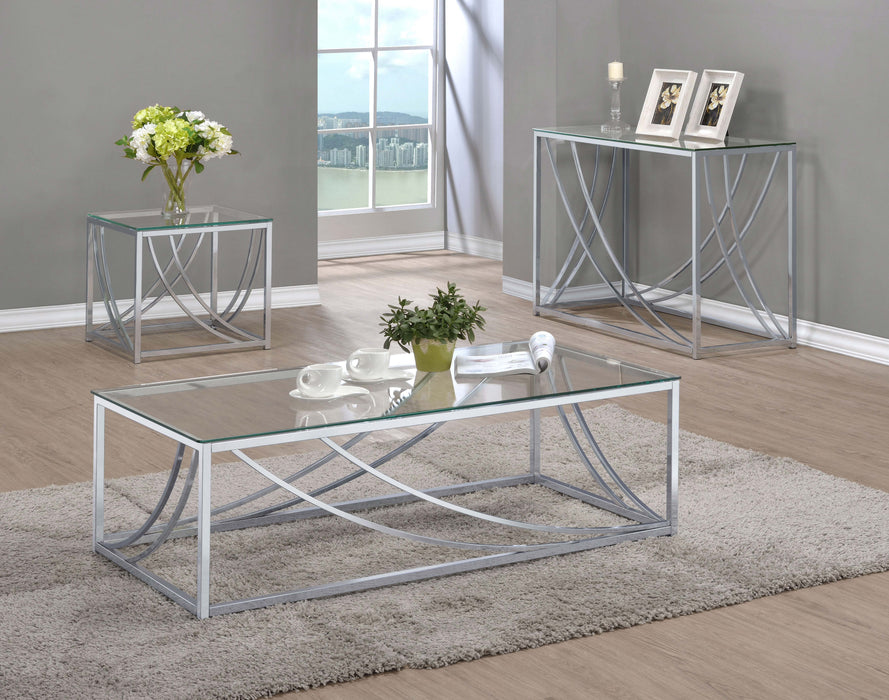 CoasterEssence Lille entryway console table with glass top and chrome accents