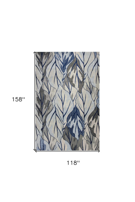 10' x 13' Machine Woven Tropical Leaves Indoor Area Rug - Gray Navy Blue