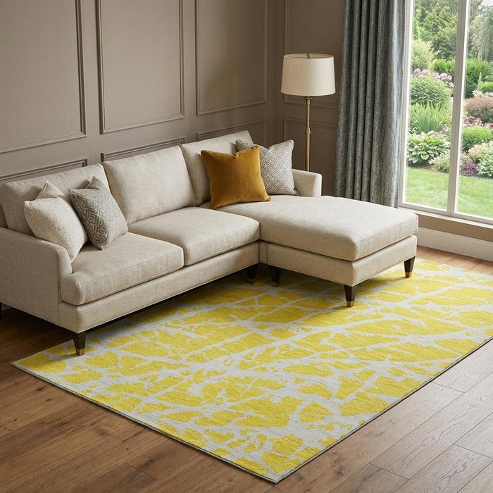 8' X 10' Abstract Washable Area Rug With UV Protection (646600) - Yellow / Ivory