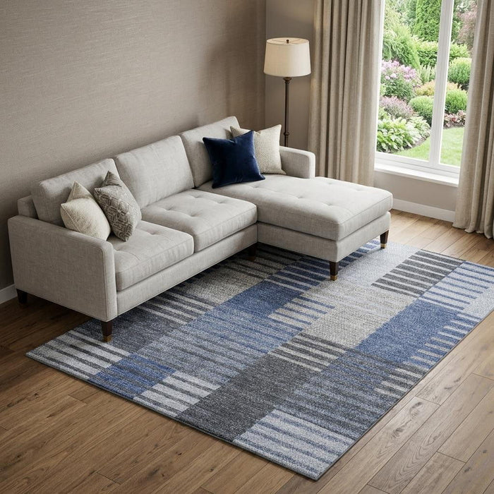 10' X 14' Striped Washable Area Rug With UV Protection (656250) - Blue / Ivory / Gray