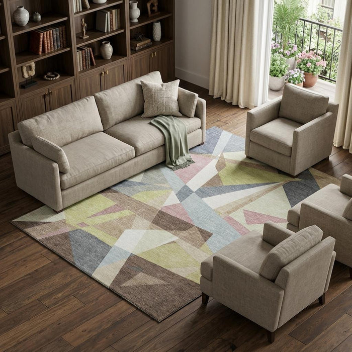 10' X 14' Geometric Washable Area Rug With UV Protection (694749) - Khaki / Gray / Mauve