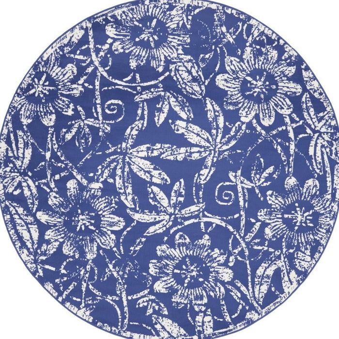 5' Floral Distressed Round Rug (552419) - Blue / White