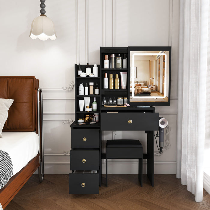 Black Giga vanity desk set with 3 LED lighting modes, 4 drawers, open shelves, hair dryer holder, power socket, and matching chair.