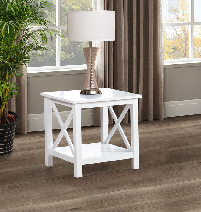 CoasterEveryday Skyview square white pine wood side end table with lower shelf