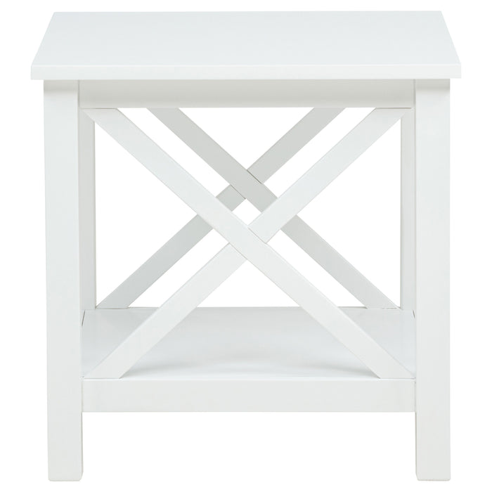 Skyview Square Pine Wood Side End Table with Shelf in white by CoasterEveryday