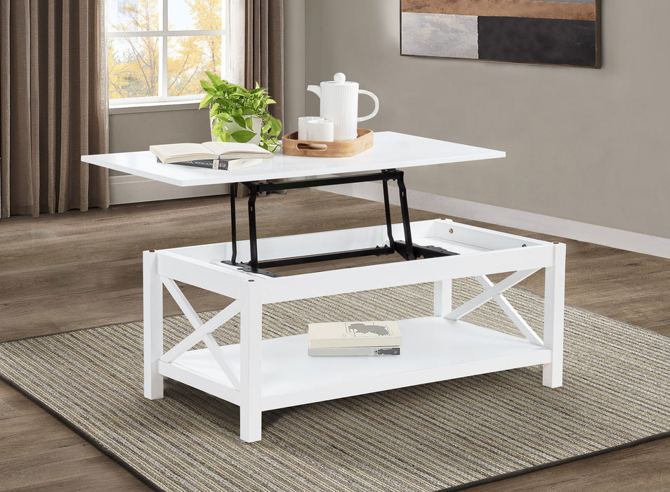 CoasterEveryday Skyview 44-inch white rectangular lift-top coffee table with modern design