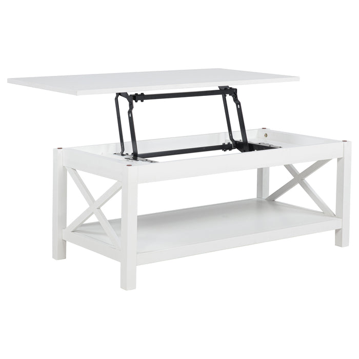 CoasterEveryday Skyview 44-inch white rectangular lift-top coffee table viewed from the front
