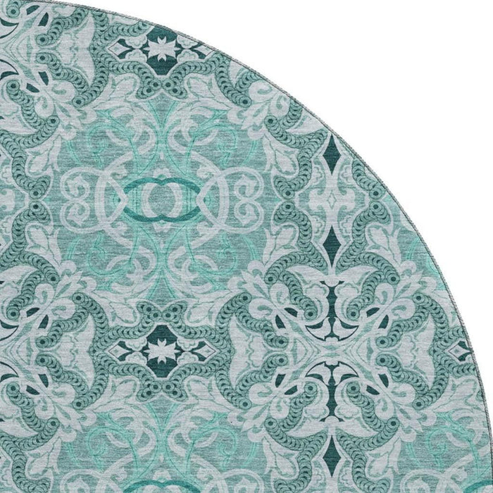 8' Medallion Washable Round Rug Polyester With UV Protection - Teal And Ivory