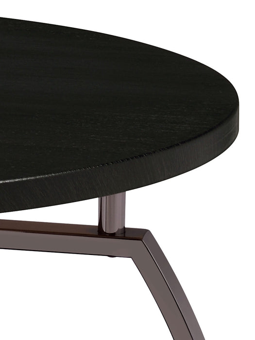 CoasterEssence Dacre round side end table with dark charcoal engineered wood top and pedestal base