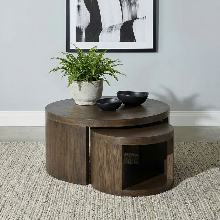 CoasterEveryday Sweeney 2-piece round wood nesting table set in dark walnut finish