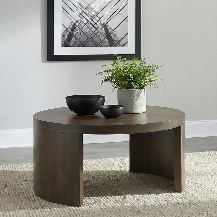 CoasterEveryday Sweeney 39-inch round wood cocktail coffee table in dark walnut