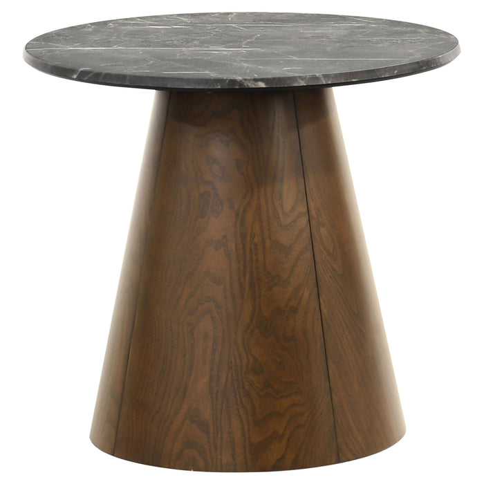 CoasterEveryday Franklin 2-piece round SmartTop pedestal coffee table set in grey and dark brown