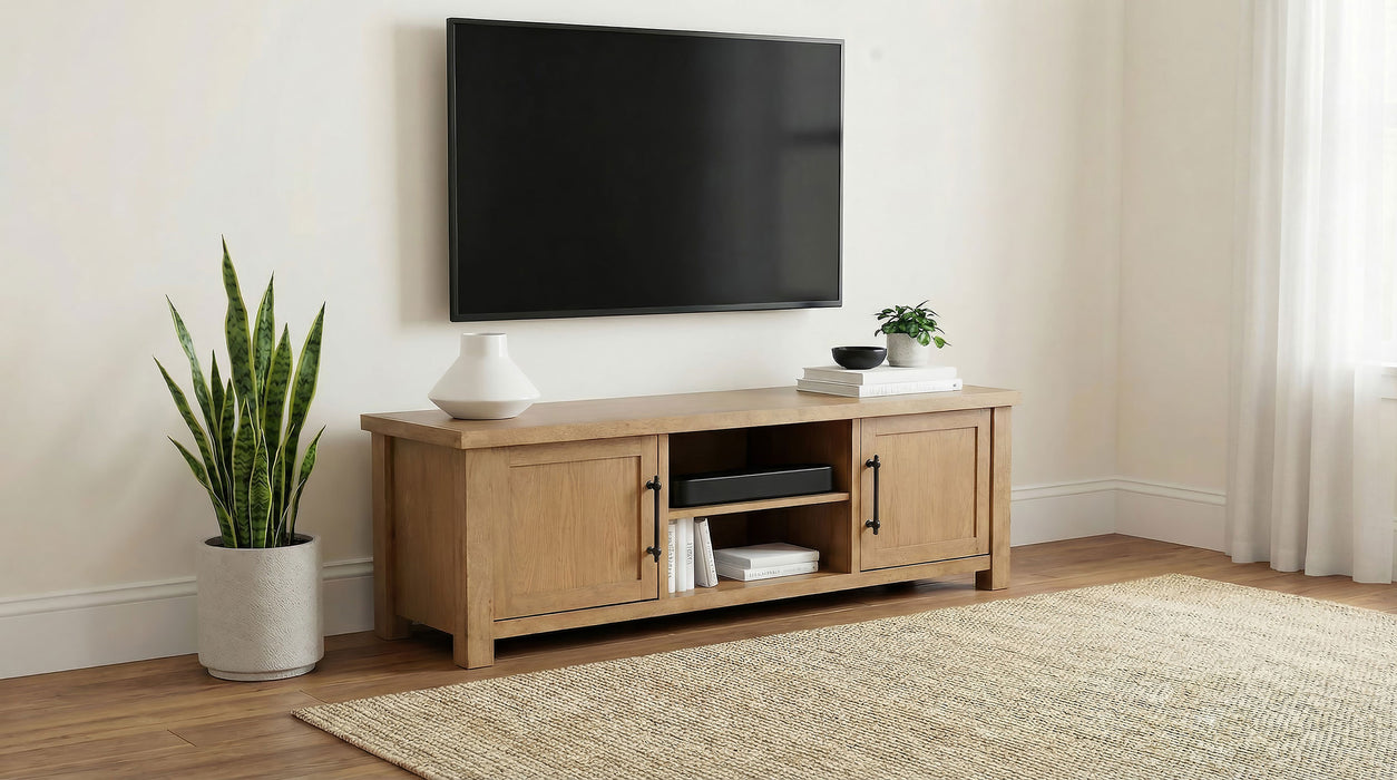 CoasterEveryday Beasley 71-inch golden oak wood TV stand with two doors and media console storage