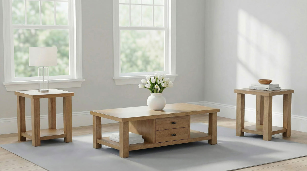 Beasley 3-piece wood coffee table set by CoasterEveryday in golden oak finish