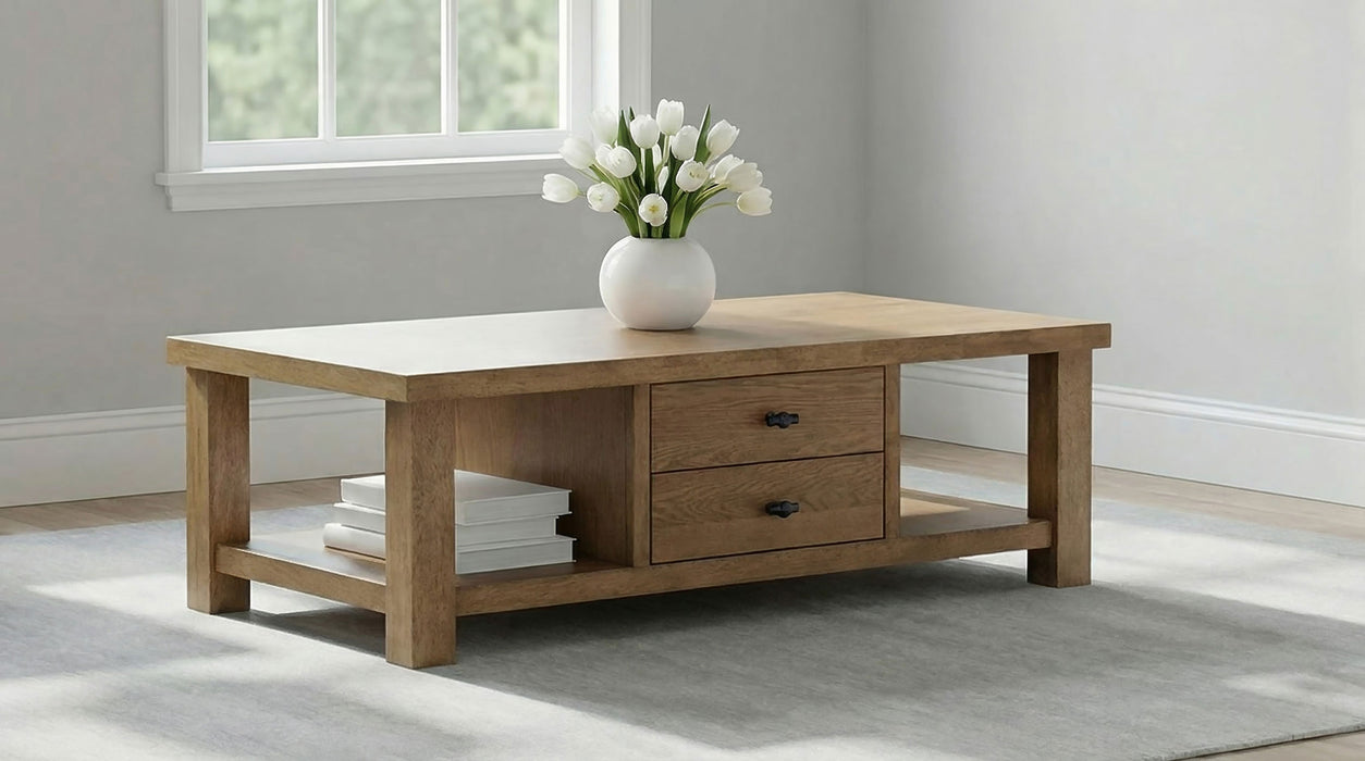 Beasley 4-drawer wood coffee table in golden oak by CoasterEveryday