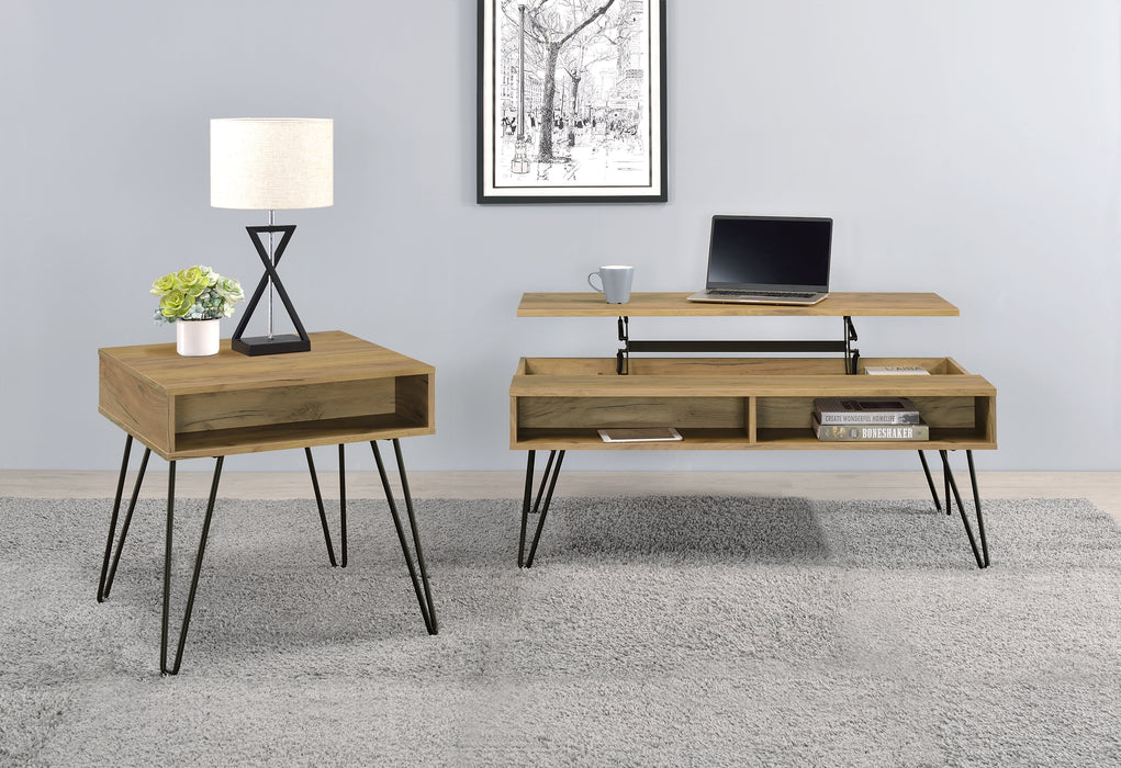 CoasterEveryday Fanning 2-piece lift top coffee and end table set in golden oak finish, showing the tables with open lift tops and storage.