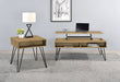 CoasterEveryday Fanning 2-piece lift top coffee and end table set in golden oak finish, showing the tables with open lift tops and storage.