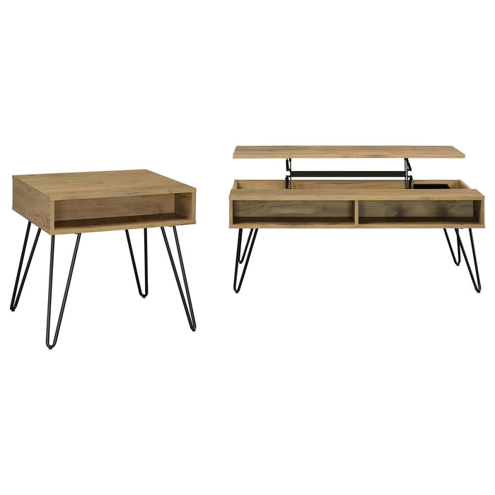 CoasterEveryday Fanning 2-piece lift top coffee and end table set in golden oak finish, featuring functional lift tops and storage.