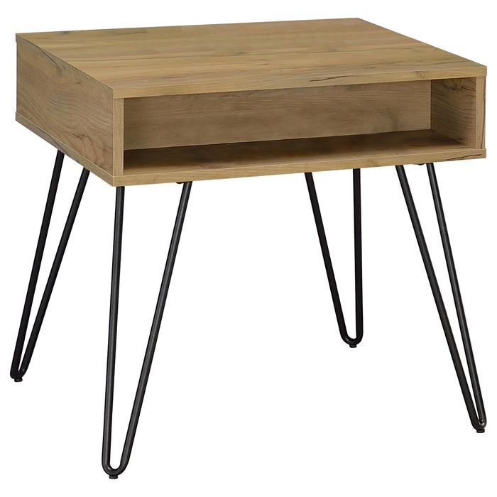 CoasterEveryday Fanning 2-piece lift top coffee and end table set in golden oak wood finish, showing the tables with open lift tops.