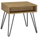CoasterEveryday Fanning 2-piece lift top coffee and end table set in golden oak wood finish, showing the tables with open lift tops.