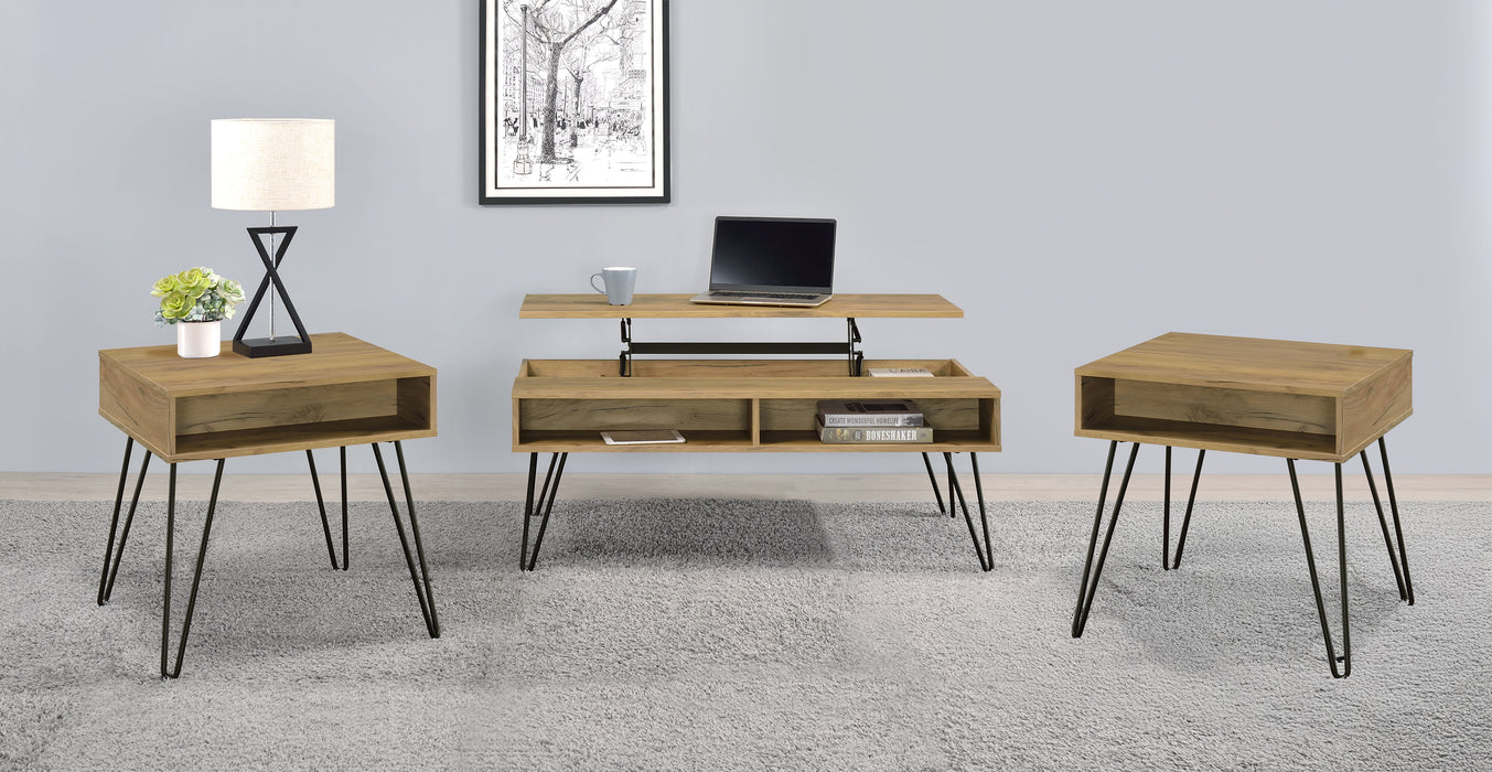 CoasterEveryday Fanning 3-piece lift top coffee and end table set in golden oak wood with sleek modern design