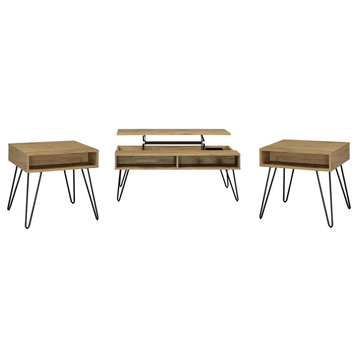 CoasterEveryday 3-piece lift top coffee and end table set in golden oak finish, featuring functional, stylish furniture with storage compartments.