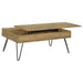 CoasterEveryday Fanning 3-piece lift top coffee and end table set in golden oak finish, with open storage compartments and smooth lifting surfaces.