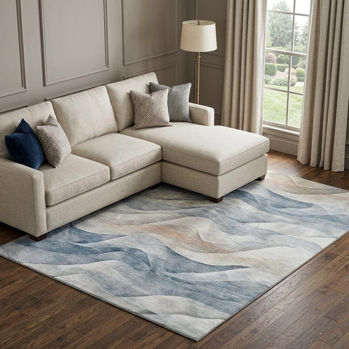 10' X 14' Abstract Washable Area Rug With UV Protection (694809) - Blue / Beige / Ivory