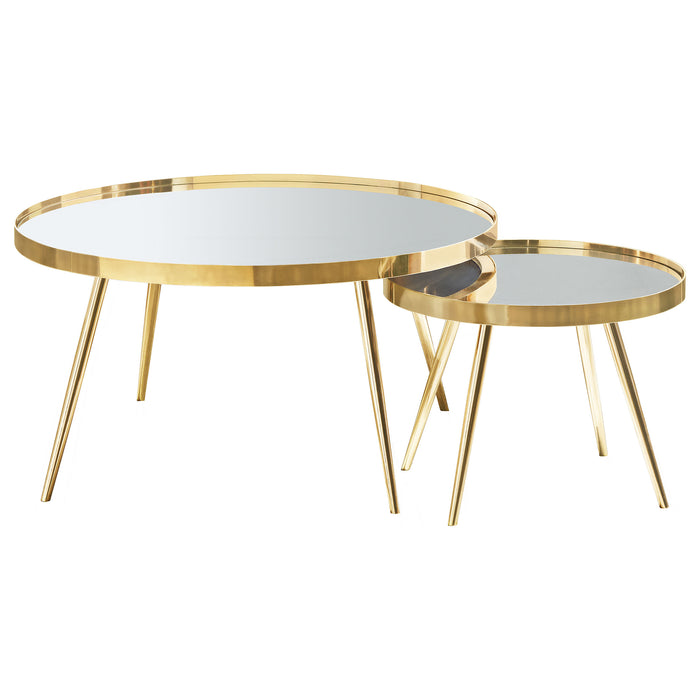 CoasterEssence Kaelyn 2-piece round mirror-top nesting coffee tables with gold frames