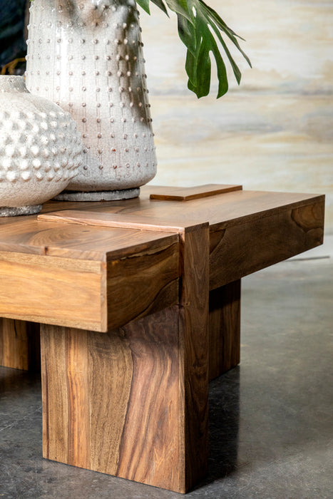 CoasterEssence Samira square solid wood coffee table in natural Sheesham finish