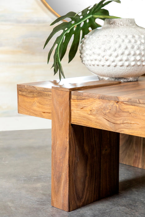 CoasterEssence Samira square solid wood coffee table in natural Sheesham finish