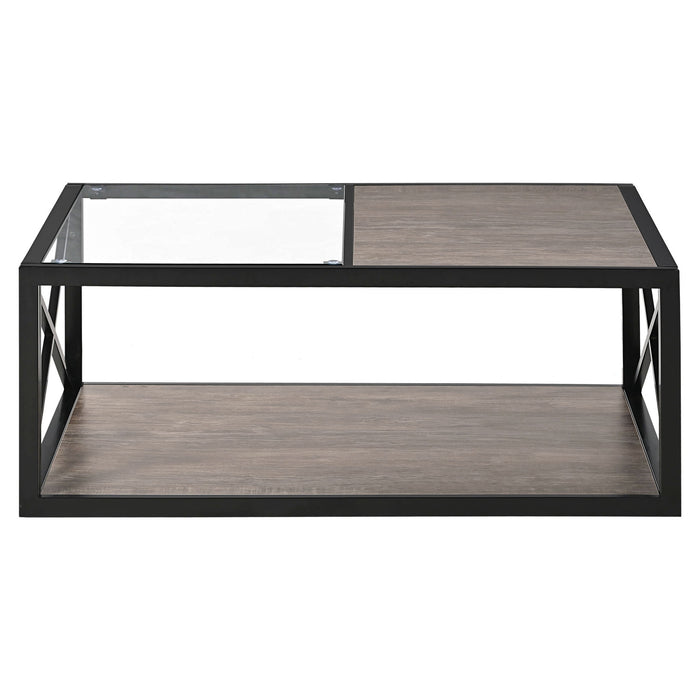 Giga industrial style coffee table with tempered glass top and wood grain finish for bedroom or living room decor.