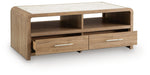 Rectangular cocktail table from Signature Design by Ashley featuring a sleek wooden surface and sturdy metal legs.
