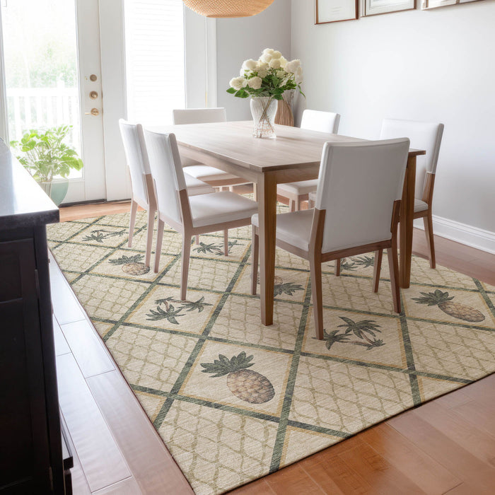 9' X 12' Boical Leaves Washable Area Rug With UV Protection - Beige