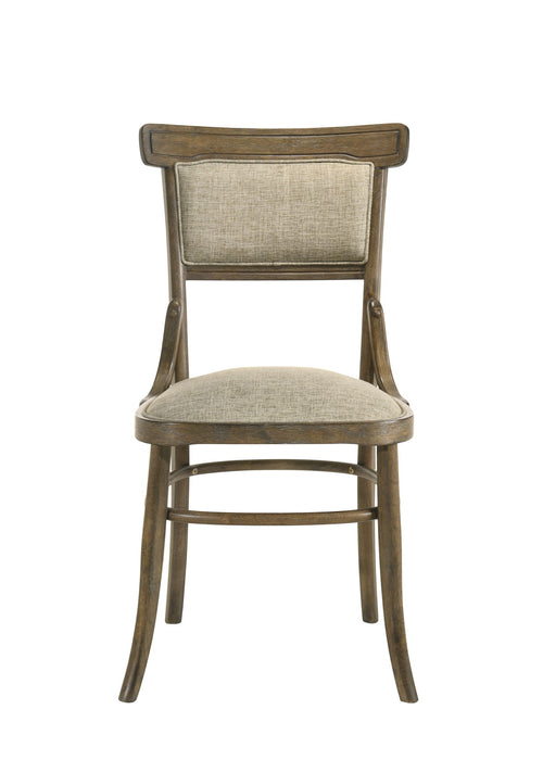 Set of two Giga Bistro wide dining chairs with vintage walnut finish and cushioned seats, ideal for modern or rustic dining spaces.