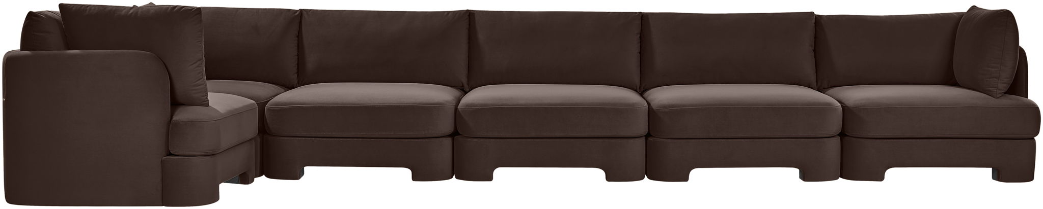 Meridian Furniture velvet performance fabric L-shaped sectional sofa with six stationary sections, plush upholstery, and modern design.