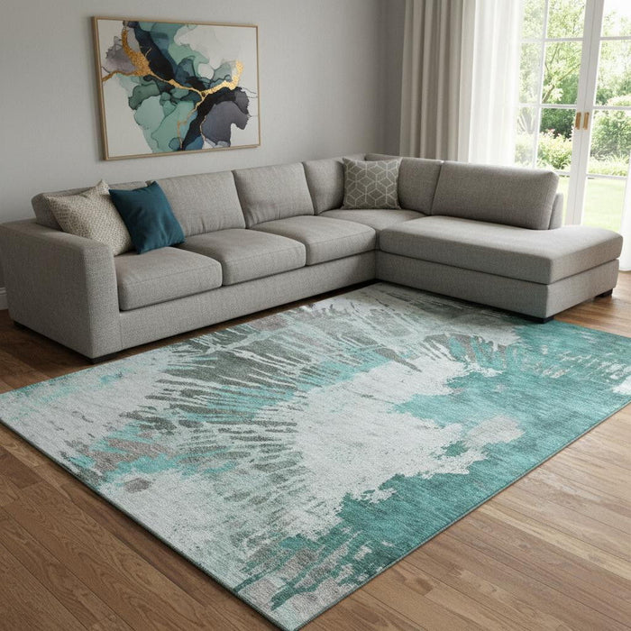 10' X 14' Abstract Washable Area Rug With UV Protection (653644) - Teal / Ivory / Gray