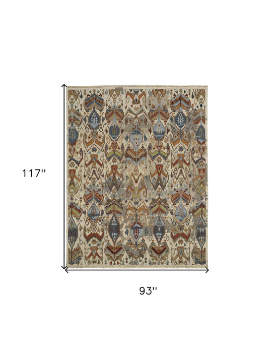 8' x 10' Wool Ikat Hand Knotted Area Rug With Fringe - Ivory Blue And Brown