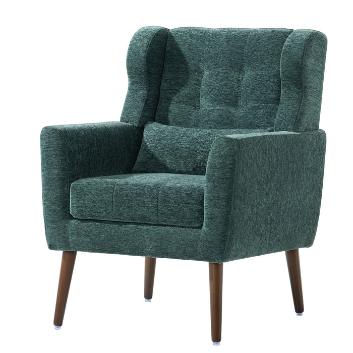 Giga modern upholstered accent armchair with soft padding, wooden legs, and pillow, ideal for living room or bedroom seating.