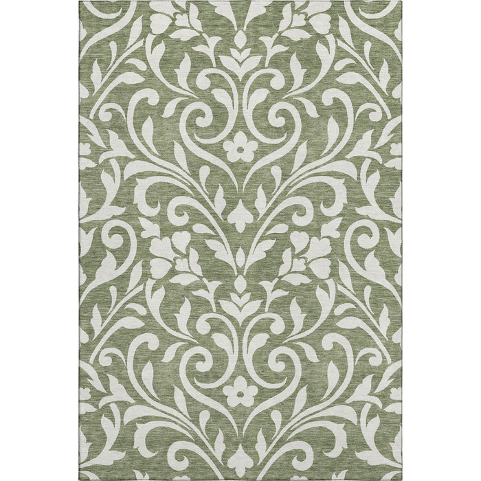 10' X 14' Floral Washable Area Rug With UV Protection (669600) - Fern Green / Beige