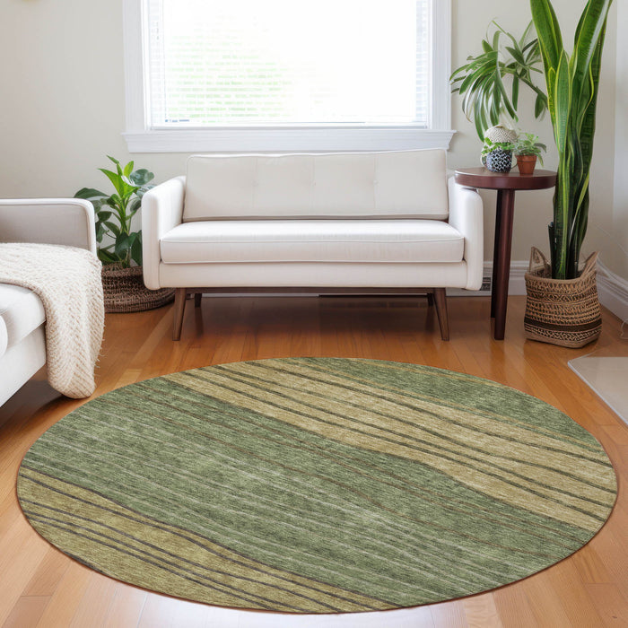 8' Striped Washable Round Rug With UV Protection - Olive Green
